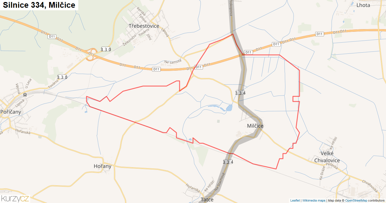 Milčice, Silnice 334 - Mapa