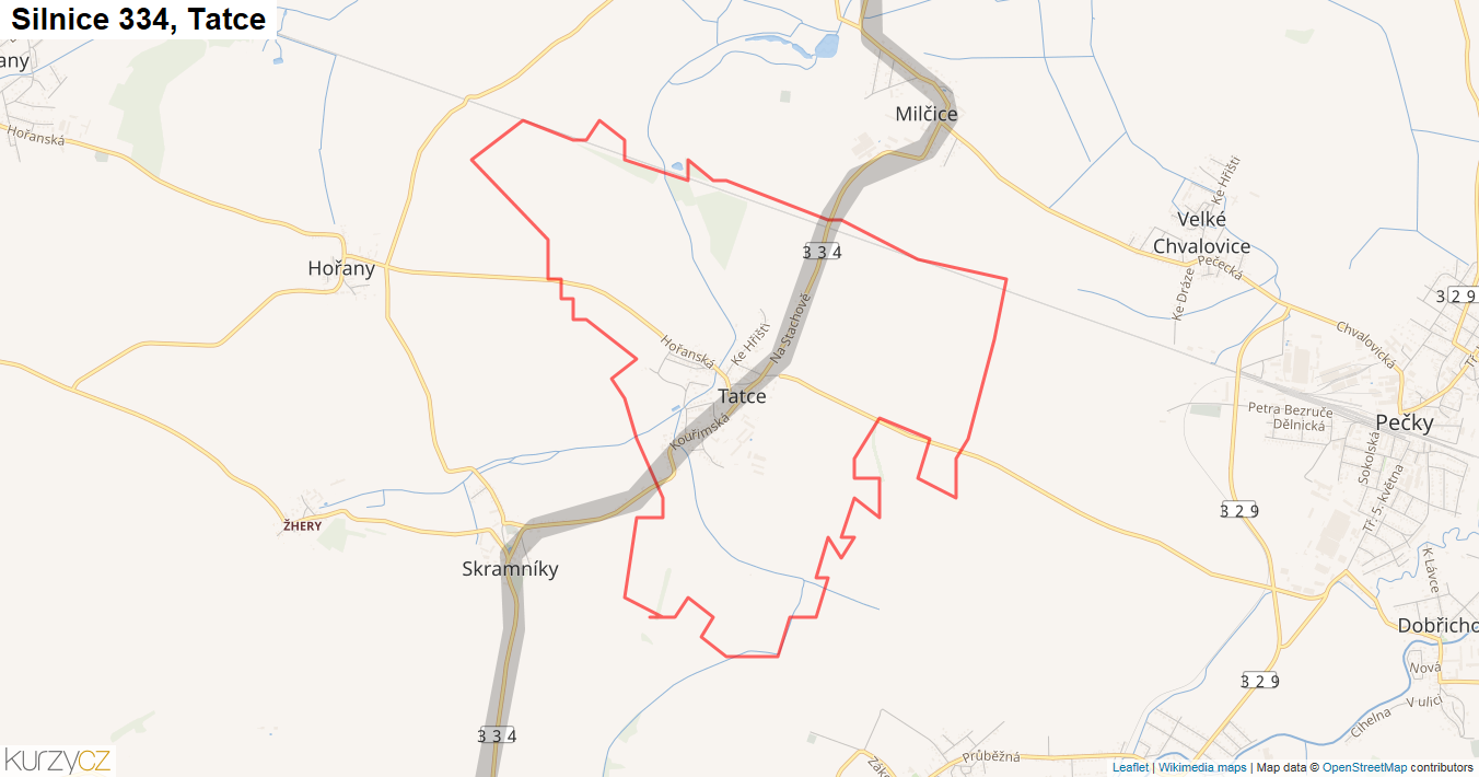 Tatce, Silnice 334 - Mapa
