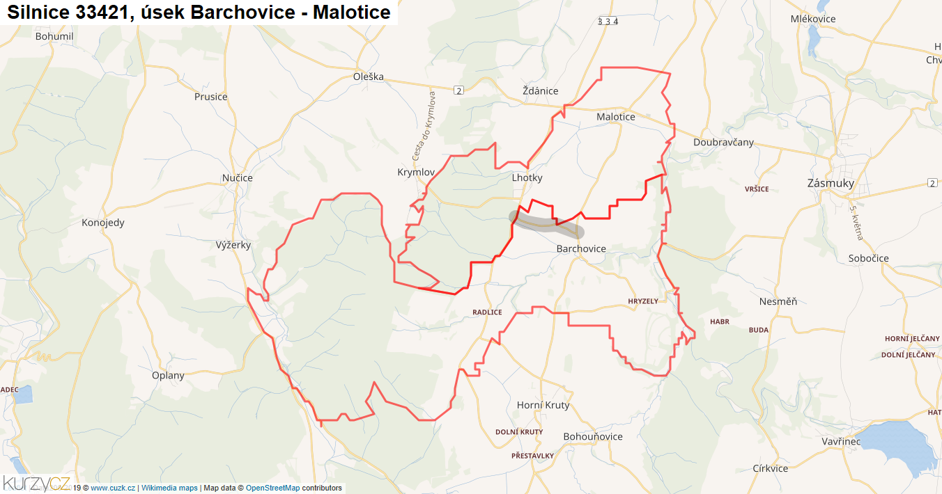 Úsek Barchovice - Malotice, Silnice 33421 - Mapa