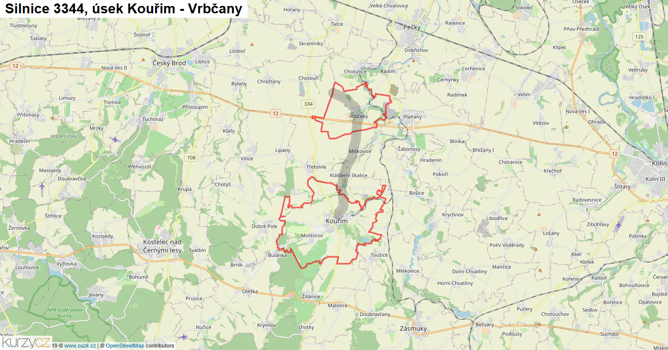 Úsek Kouřim - Vrbčany, Silnice 3344 - Mapa