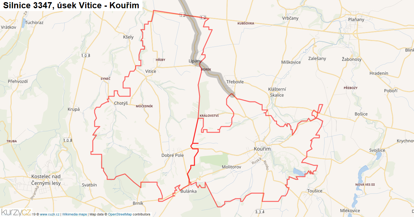 Úsek Vitice - Kouřim, Silnice 3347 - Mapa