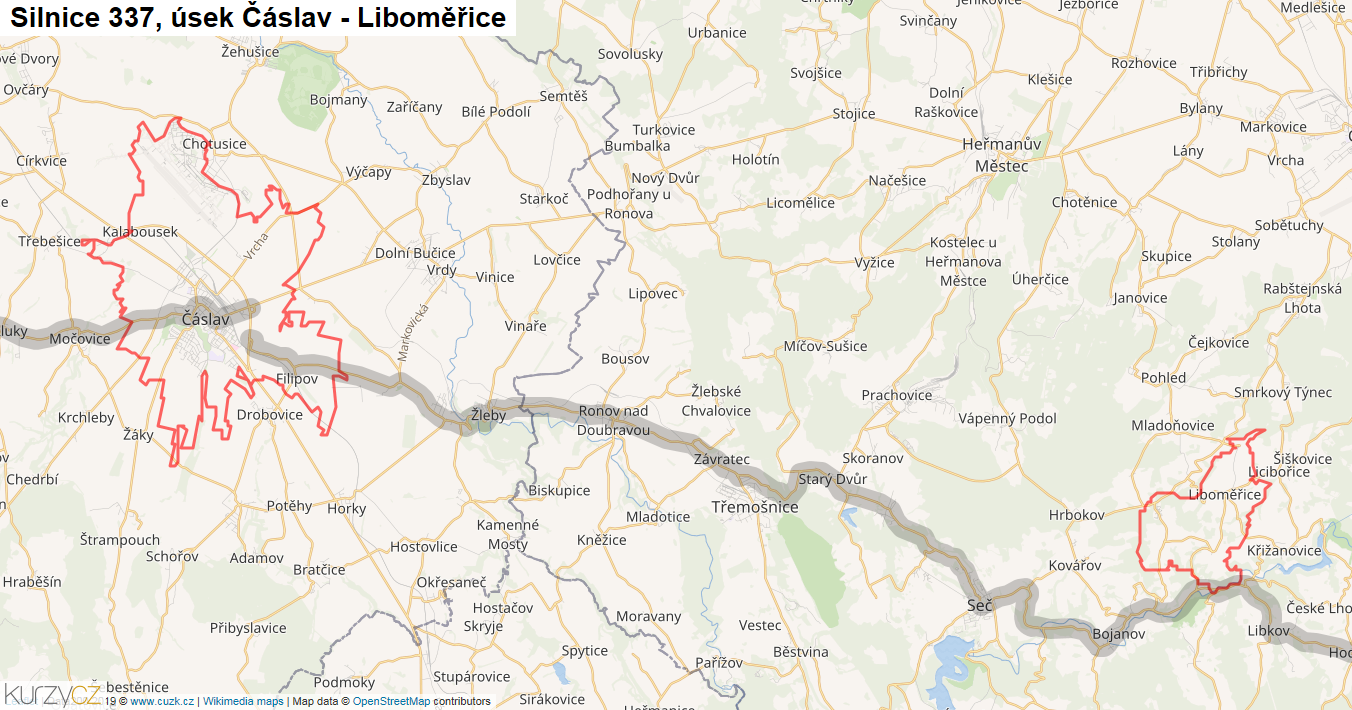 Úsek Čáslav - Liboměřice, Silnice 337 - Mapa