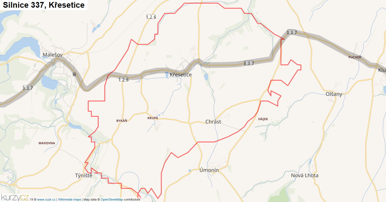 Křesetice, Silnice 337 - Mapa