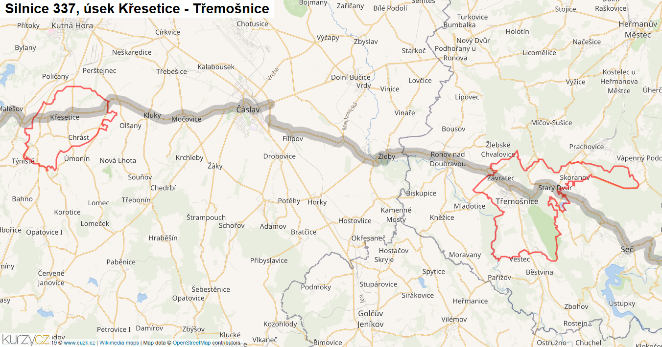 Úsek Křesetice - Třemošnice, Silnice 337 - Mapa