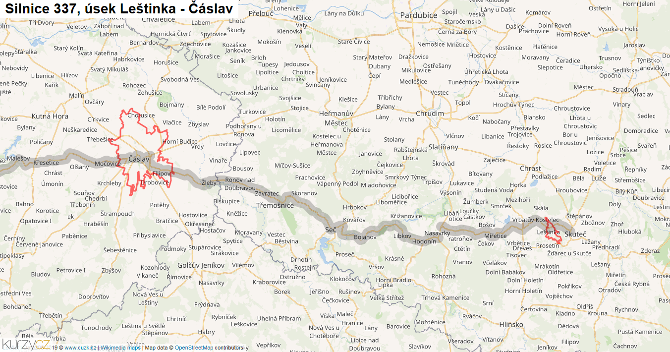 Úsek Leštinka - Čáslav, Silnice 337 - Mapa