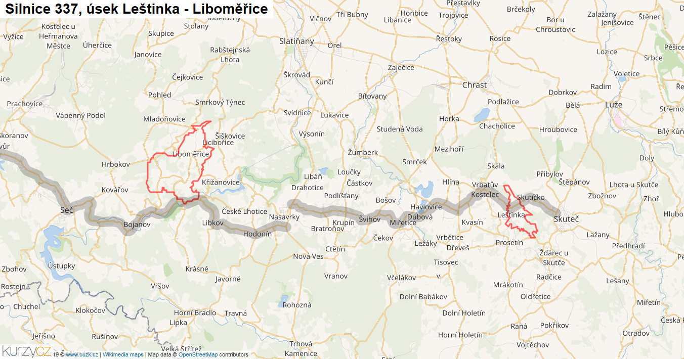 Úsek Leštinka - Liboměřice, Silnice 337 - Mapa