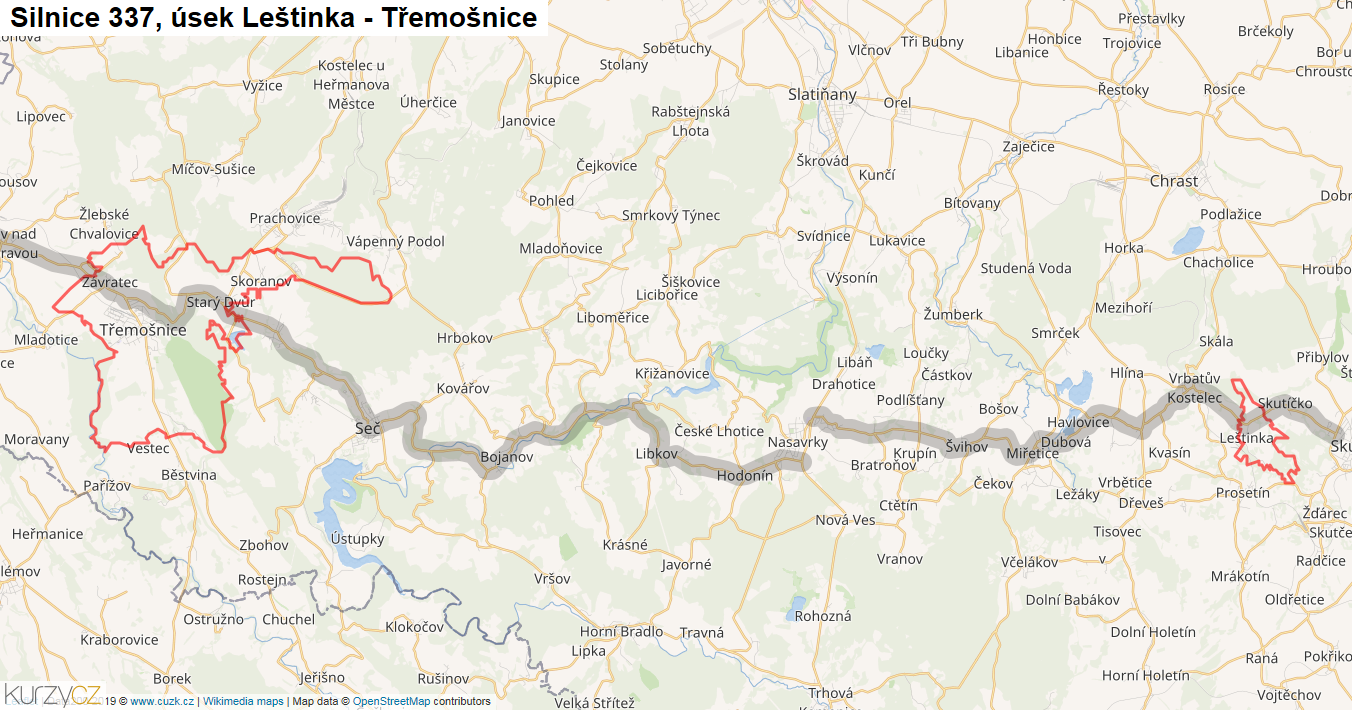 Úsek Leštinka - Třemošnice, Silnice 337 - Mapa