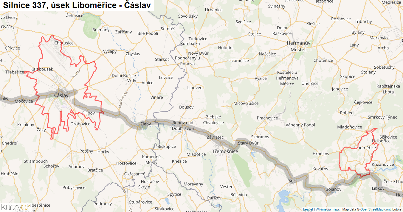 Úsek Liboměřice - Čáslav, Silnice 337 - Mapa