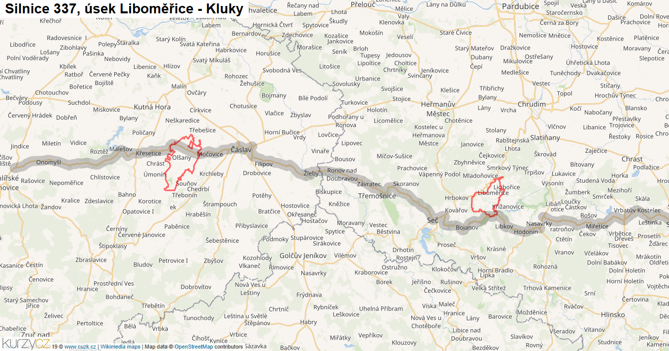 Úsek Liboměřice - Kluky, Silnice 337 - Mapa