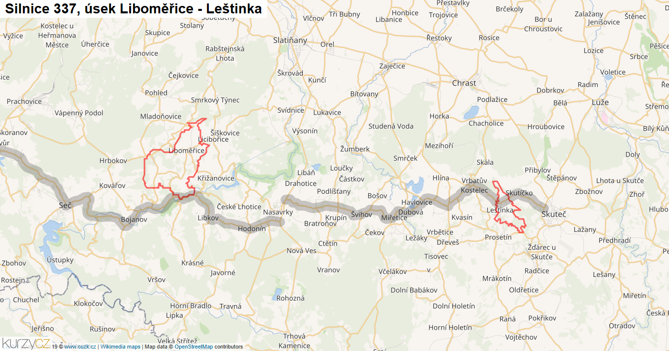 Úsek Liboměřice - Leštinka, Silnice 337 - Mapa