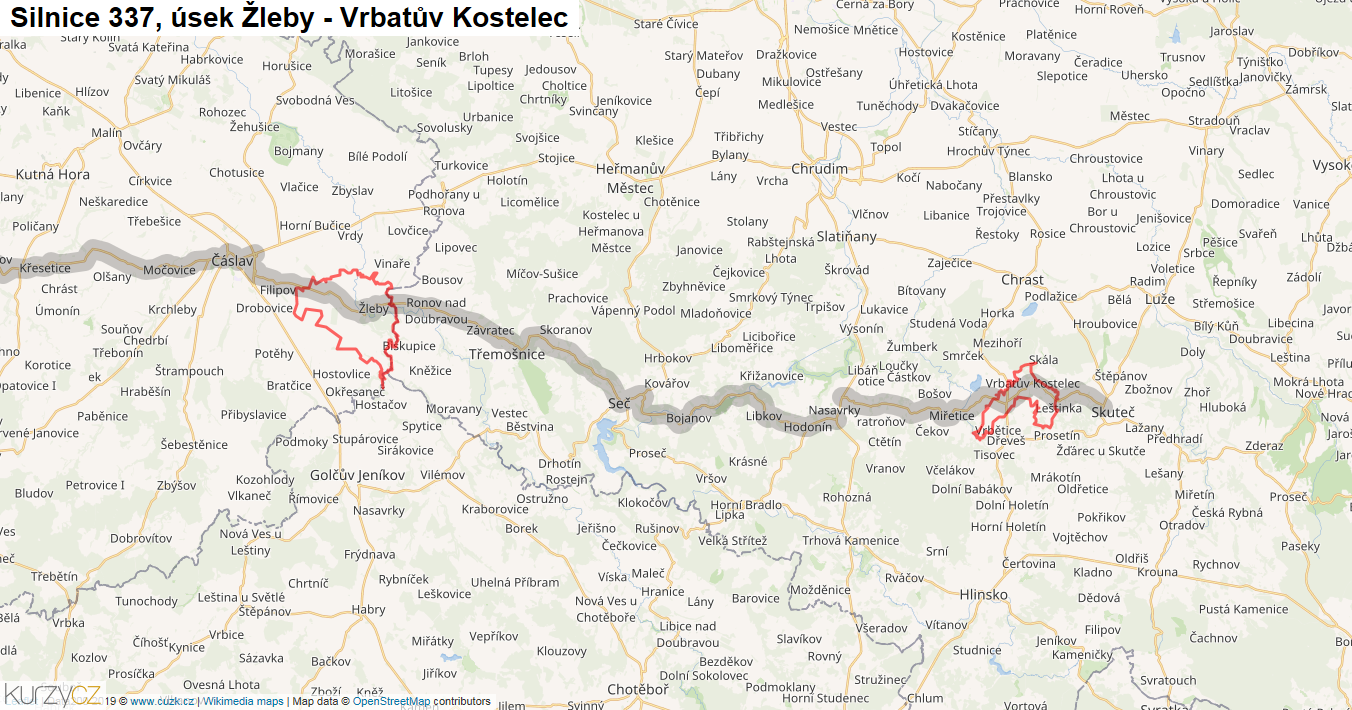 Úsek Žleby - Vrbatův Kostelec, Silnice 337 - Mapa
