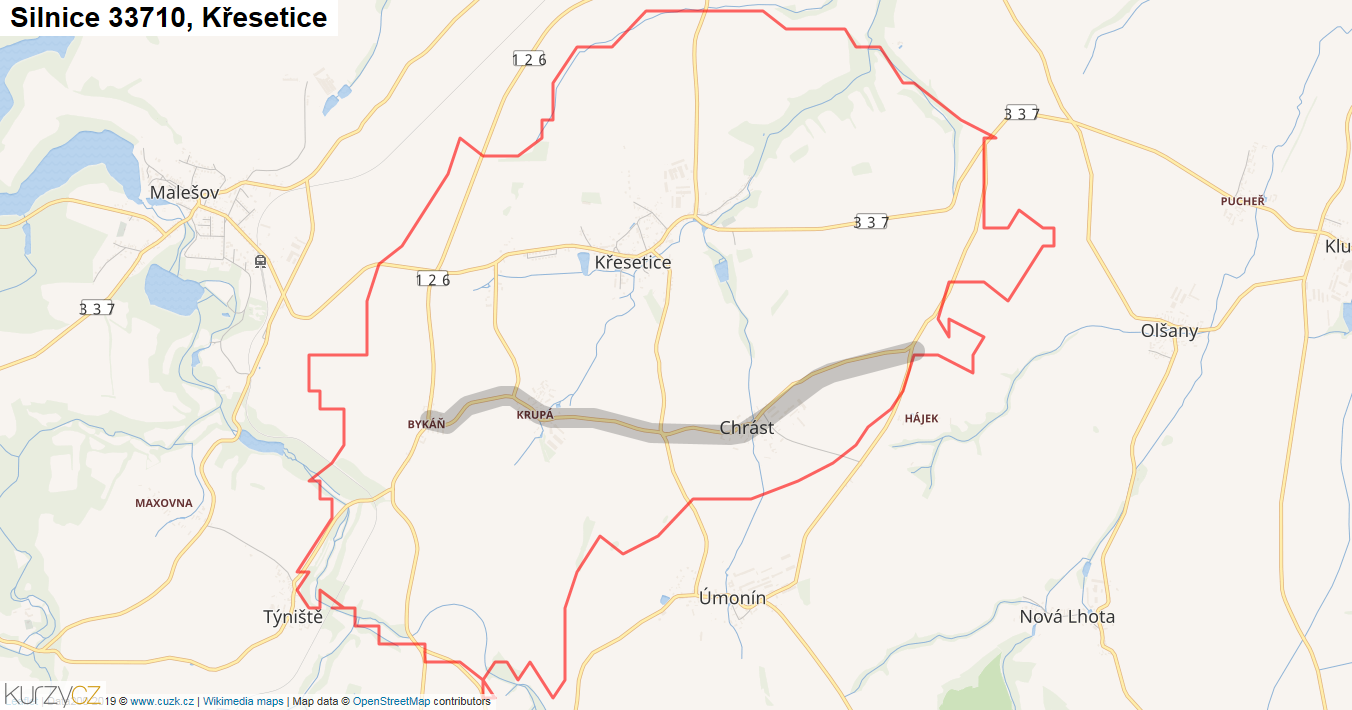 Křesetice, Silnice 33710 - Mapa