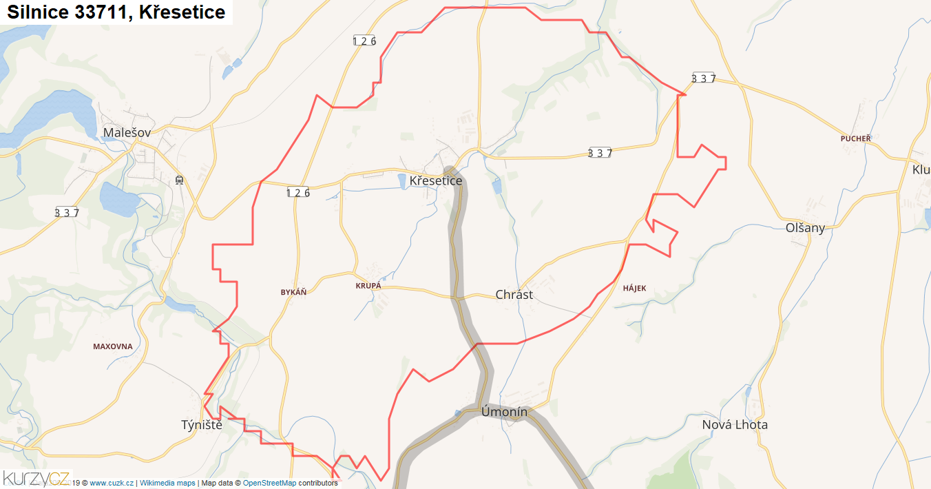 Křesetice, Silnice 33711 - Mapa