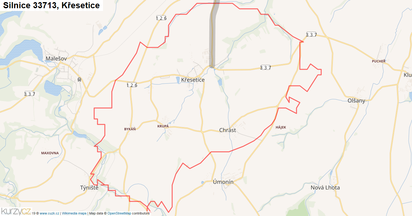 Křesetice, Silnice 33713 - Mapa