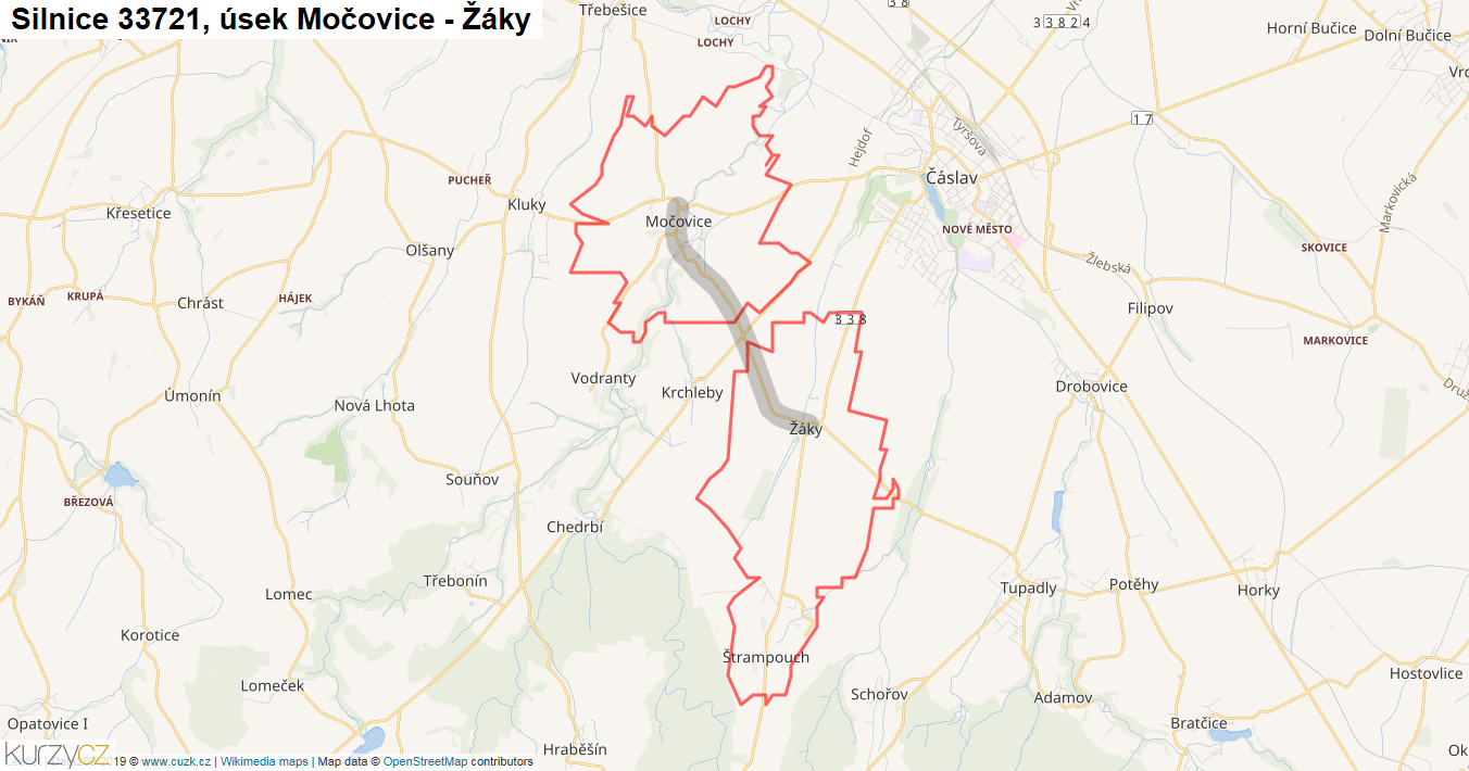 Úsek Močovice - Žáky, Silnice 33721 - Mapa