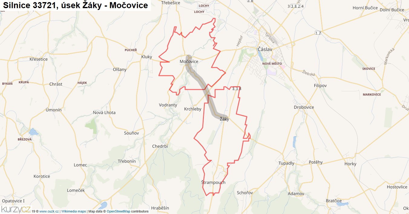 Úsek Žáky - Močovice, Silnice 33721 - Mapa