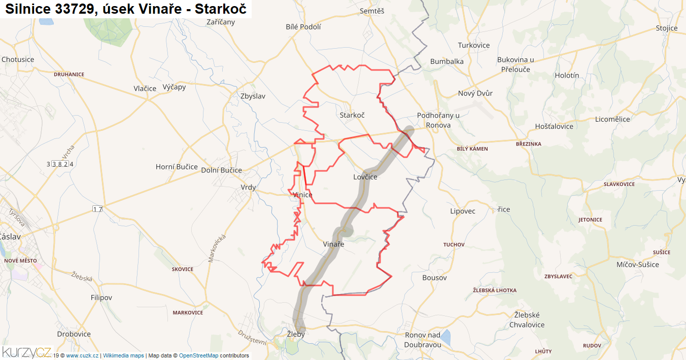 Úsek Vinaře - Starkoč, Silnice 33729 - Mapa