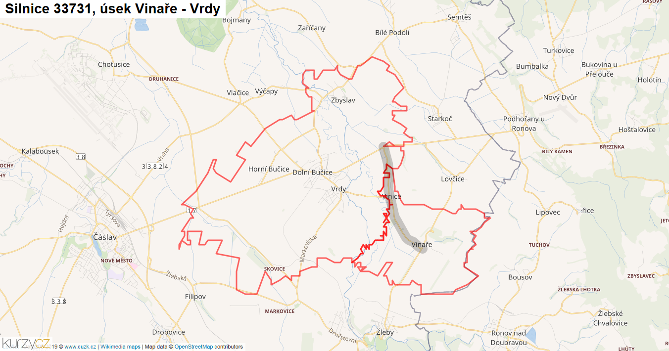 Úsek Vinaře - Vrdy, Silnice 33731 - Mapa