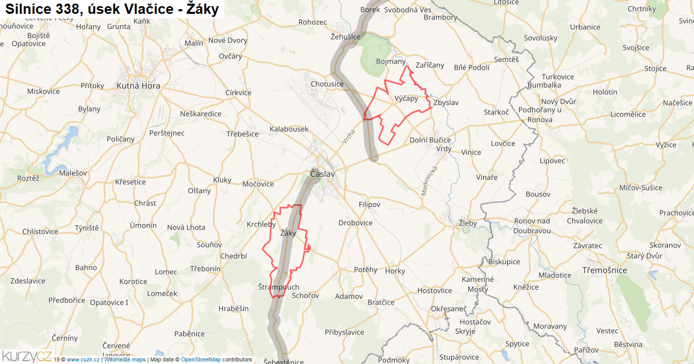 Úsek Vlačice - Žáky, Silnice 338 - Mapa