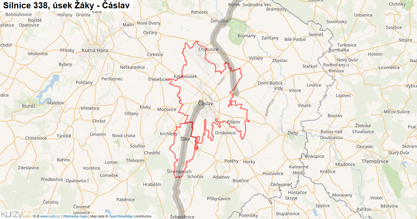Úsek Žáky - Čáslav, Silnice 338 - Mapa