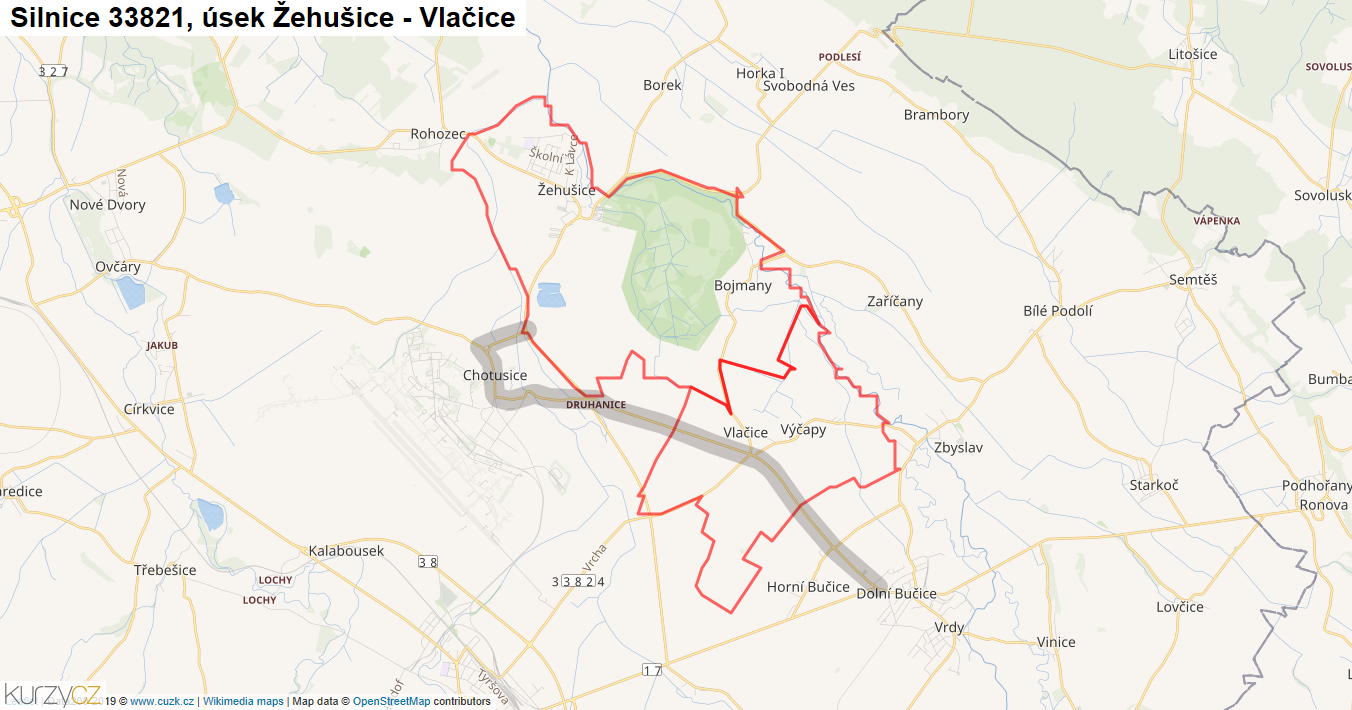 Úsek Žehušice - Vlačice, Silnice 33821 - Mapa