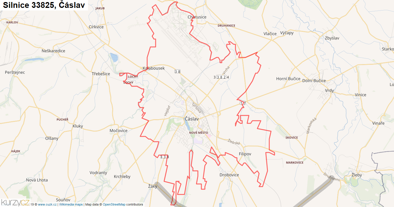 Čáslav, Silnice 33825 - Mapa