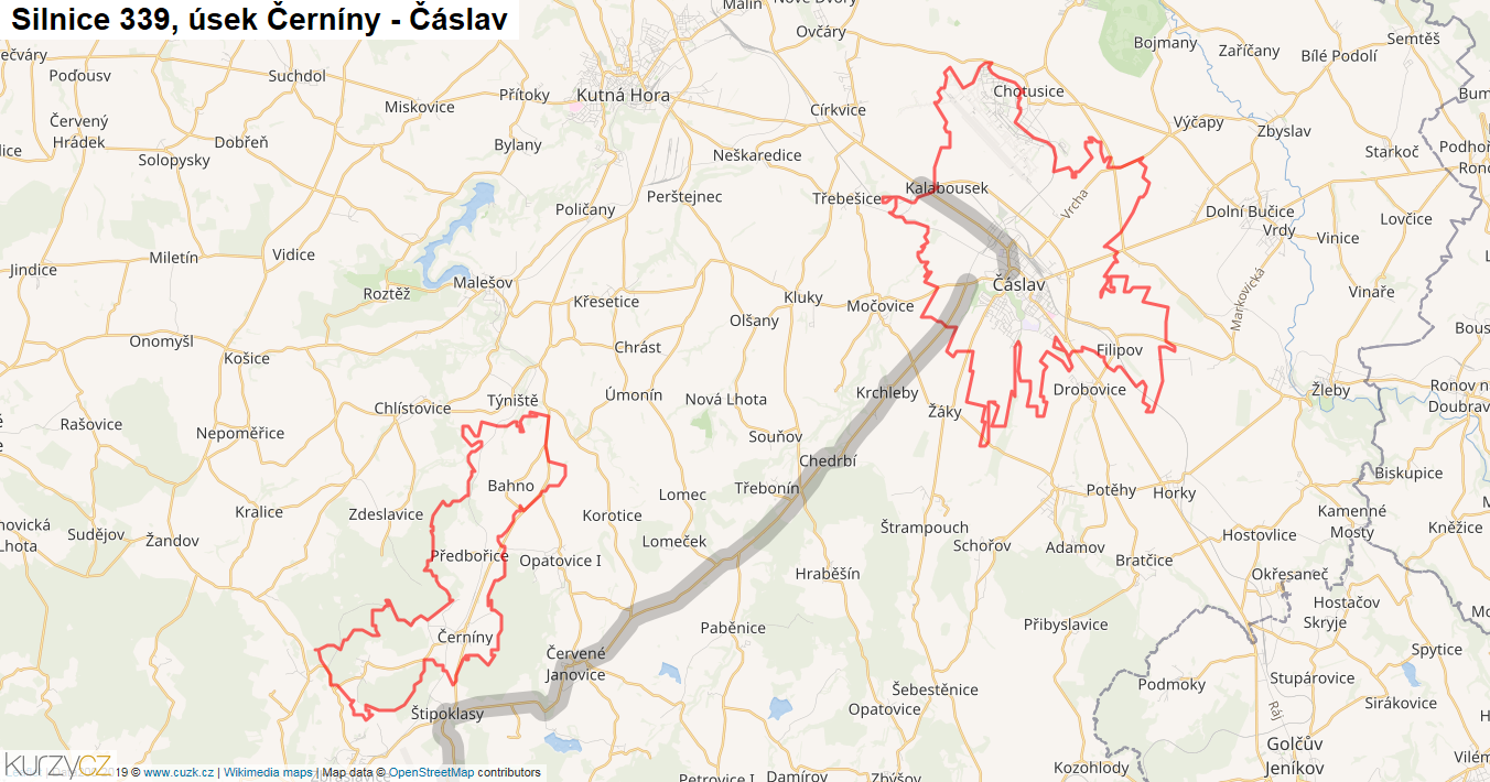 Úsek Černíny - Čáslav, Silnice 339 - Mapa