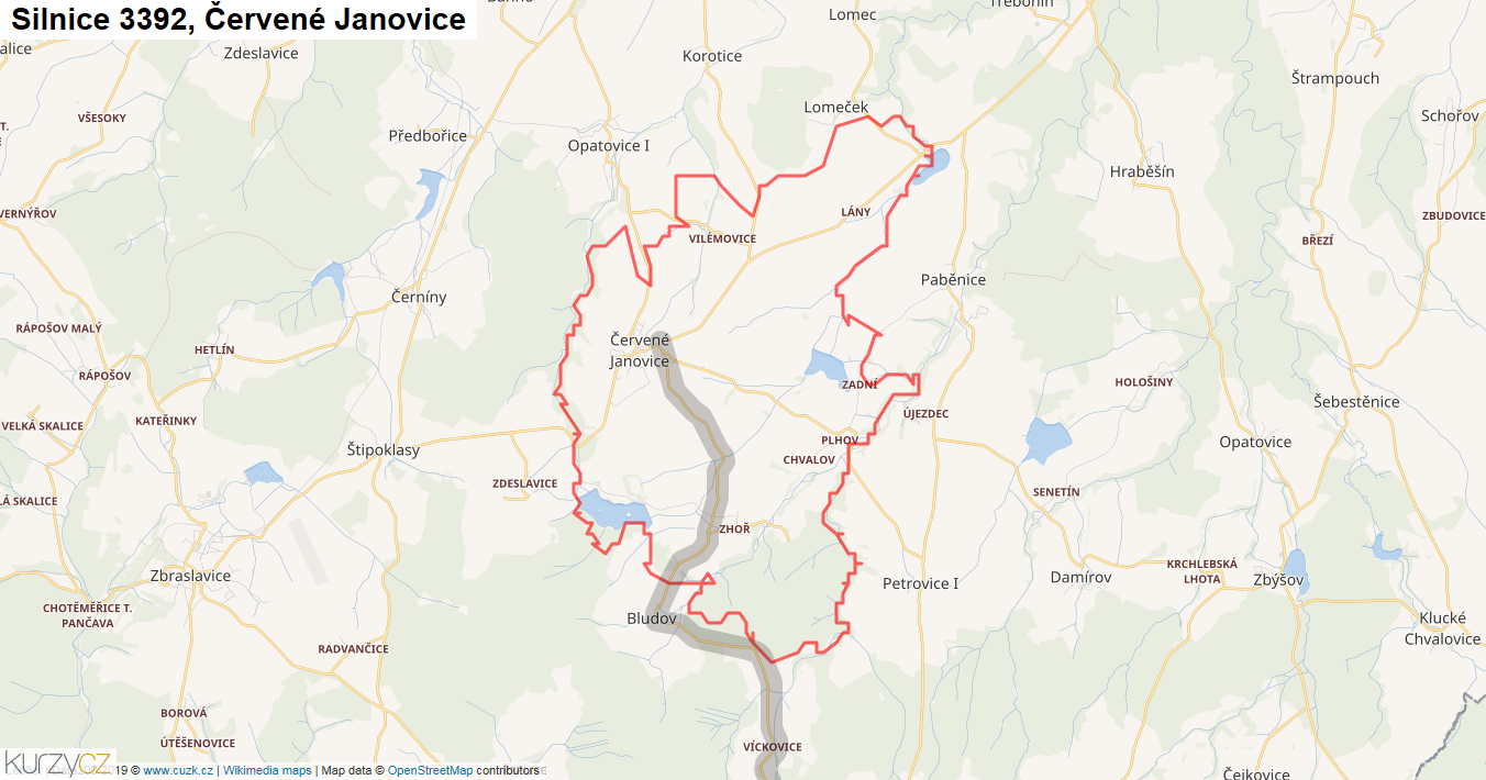 Červené Janovice, Silnice 3392 - Mapa