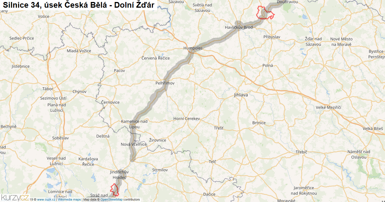 Úsek Česká Bělá - Dolní Žďár, Silnice 34 - Mapa