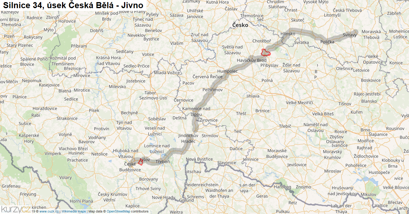 Úsek Česká Bělá - Jivno, Silnice 34 - Mapa