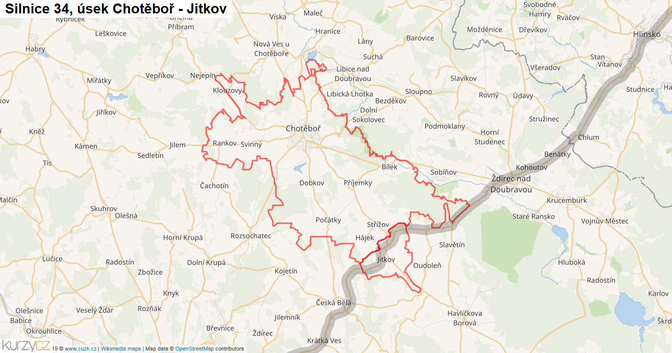 Úsek Chotěboř - Jitkov, Silnice 34 - Mapa