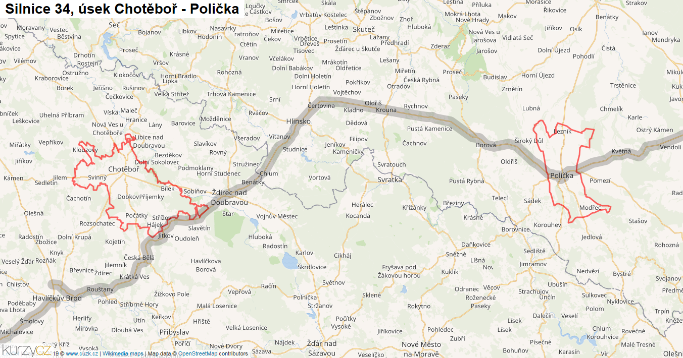 Úsek Chotěboř - Polička, Silnice 34 - Mapa