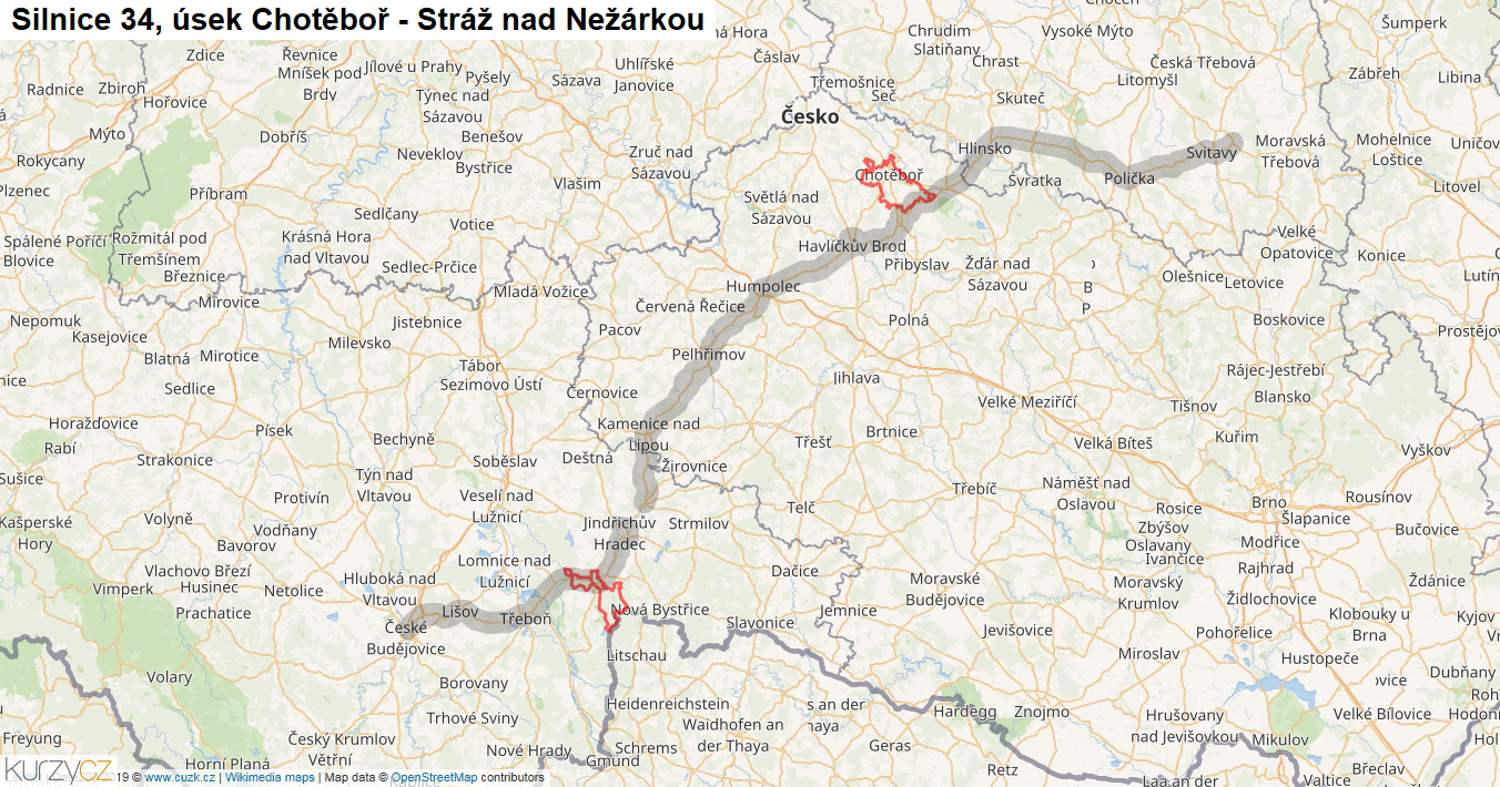 Úsek Chotěboř - Stráž nad Nežárkou, Silnice 34 - Mapa