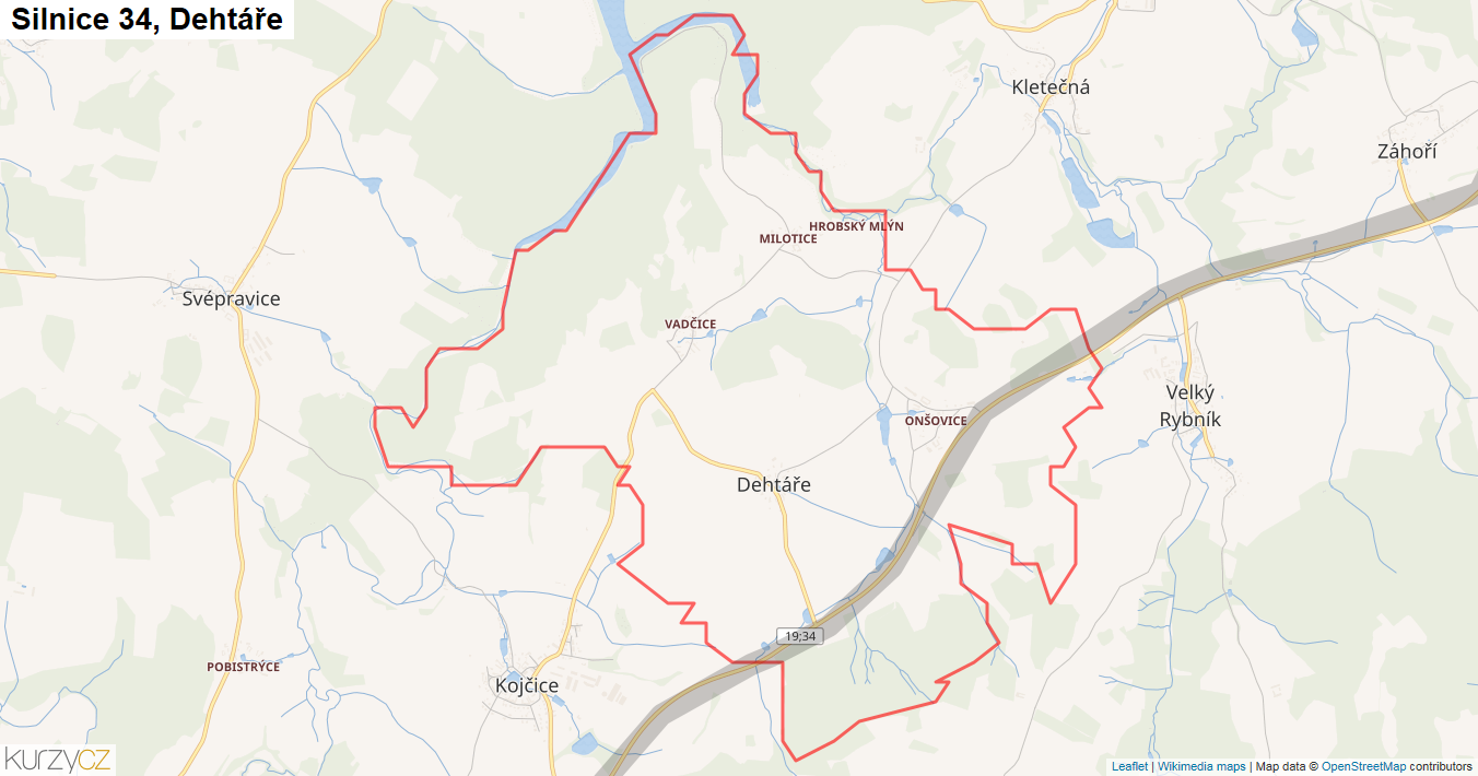 Dehtáře, Silnice 34 - Mapa