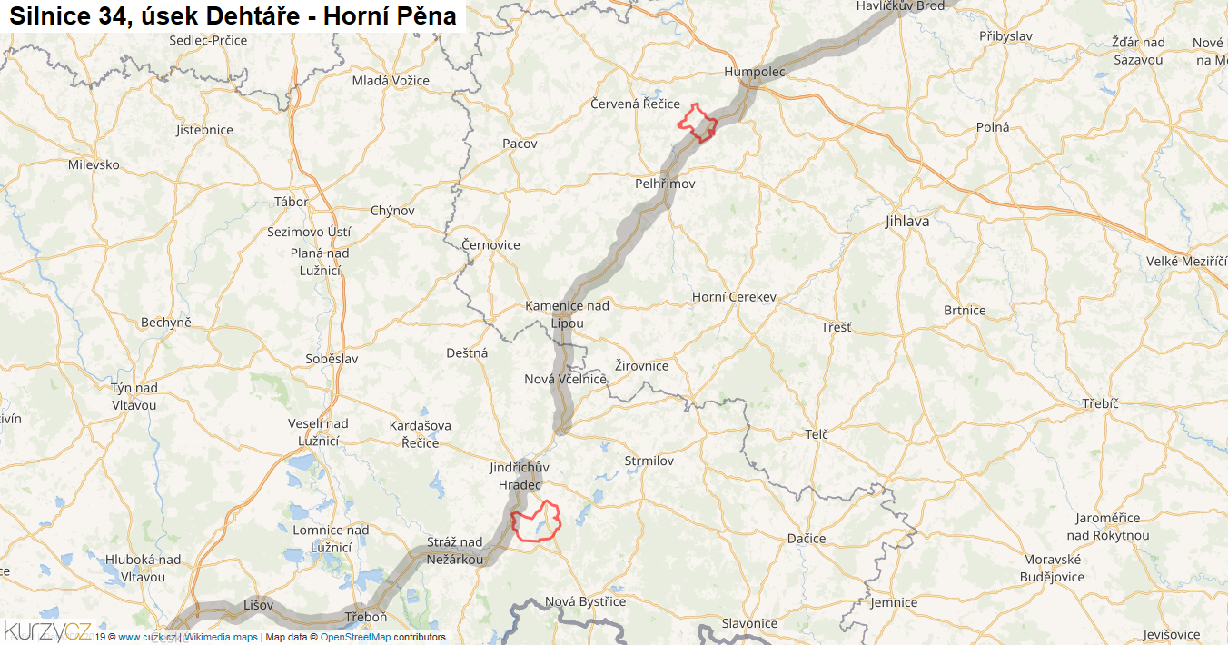 Úsek Dehtáře - Horní Pěna, Silnice 34 - Mapa
