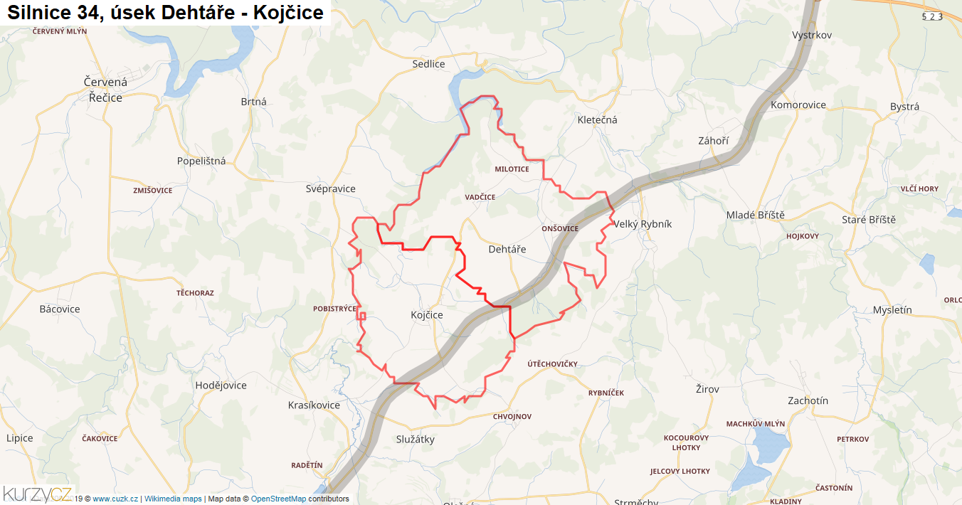 Úsek Dehtáře - Kojčice, Silnice 34 - Mapa