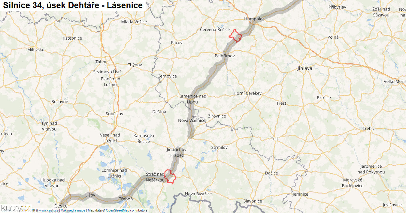 Úsek Dehtáře - Lásenice, Silnice 34 - Mapa