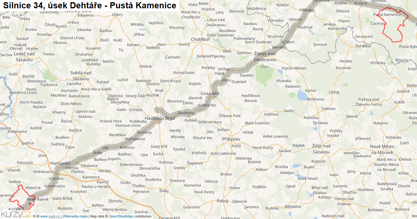 Úsek Dehtáře - Pustá Kamenice, Silnice 34 - Mapa