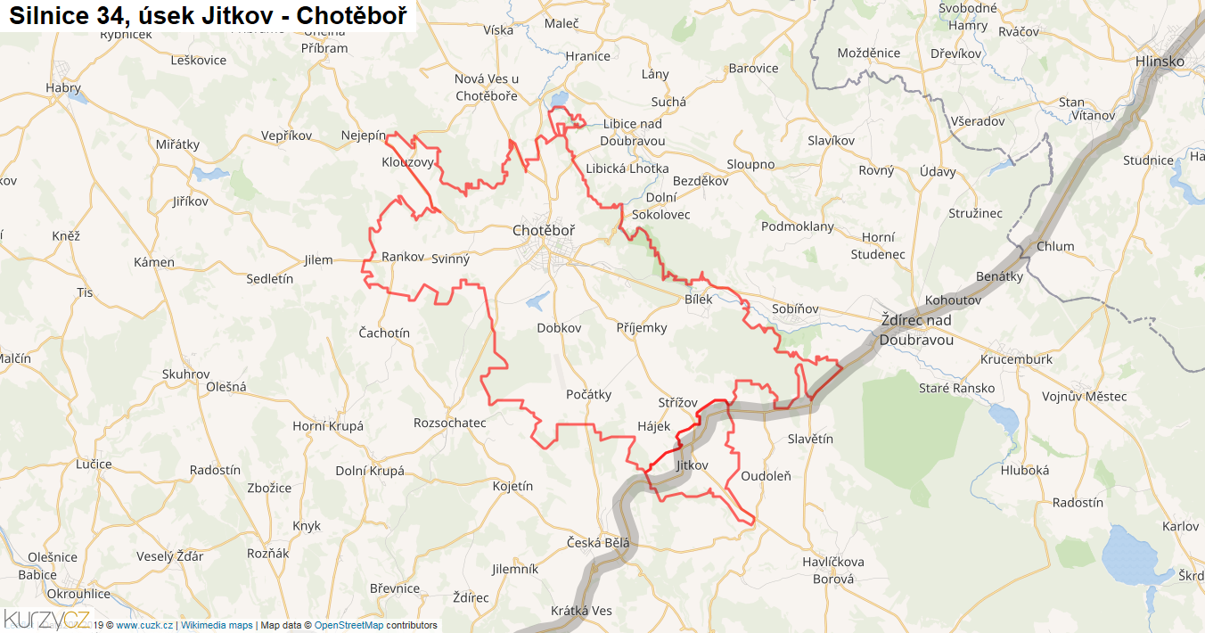 Úsek Jitkov - Chotěboř, Silnice 34 - Mapa