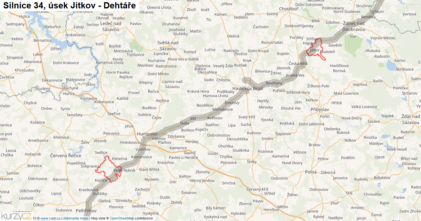 Úsek Jitkov - Dehtáře, Silnice 34 - Mapa