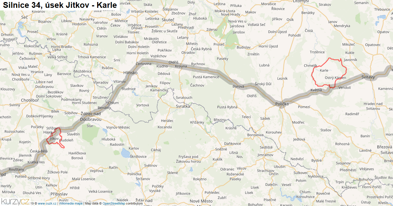 Úsek Jitkov - Karle, Silnice 34 - Mapa