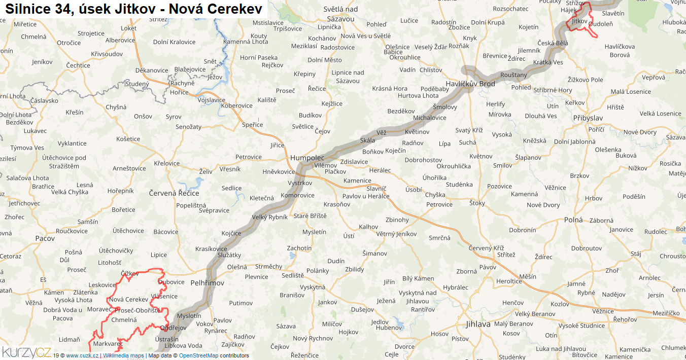 Úsek Jitkov - Nová Cerekev, Silnice 34 - Mapa
