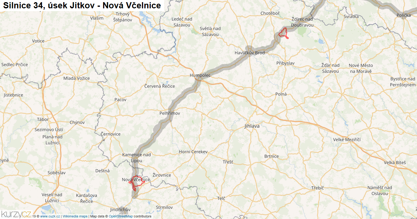 Úsek Jitkov - Nová Včelnice, Silnice 34 - Mapa