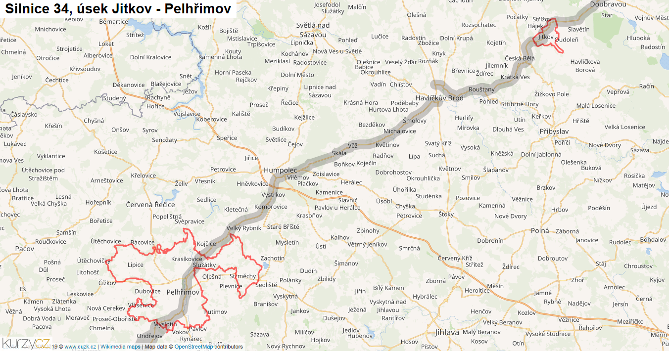 Úsek Jitkov - Pelhřimov, Silnice 34 - Mapa