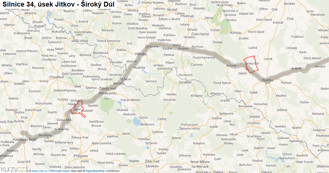 Úsek Jitkov - Široký Důl, Silnice 34 - Mapa