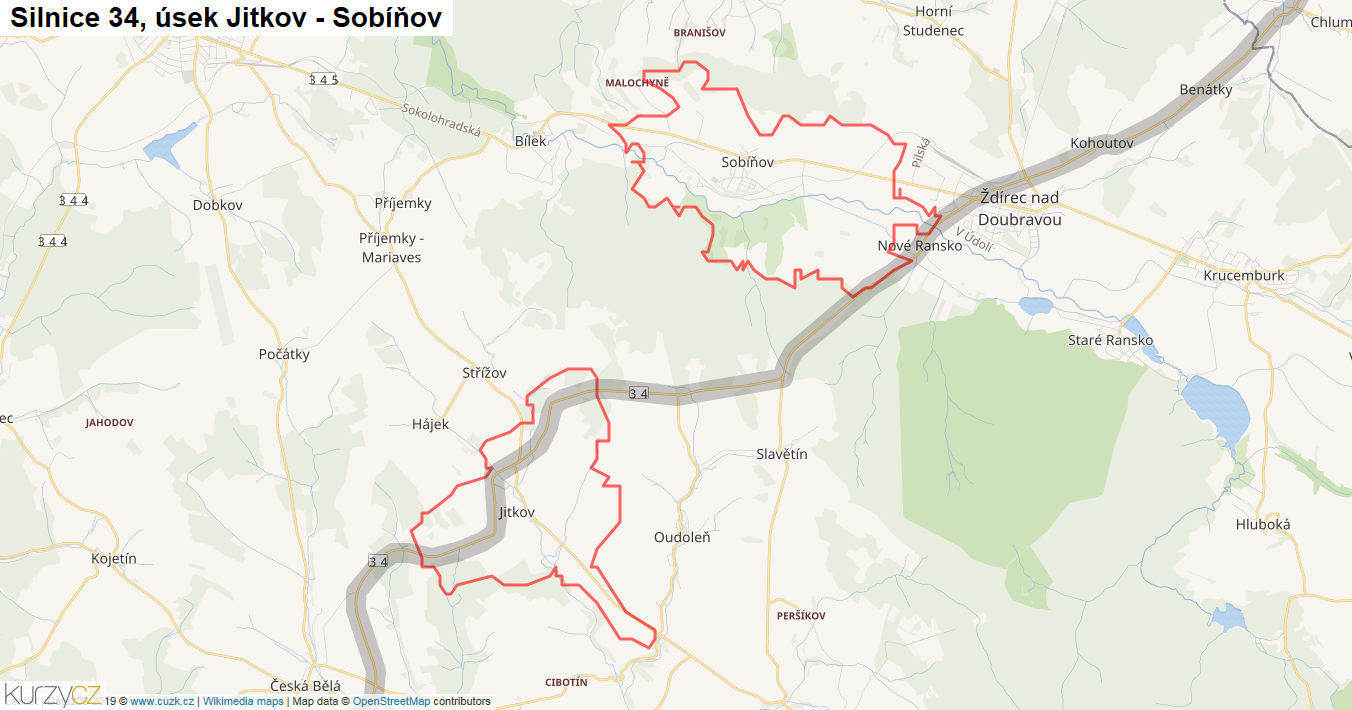 Úsek Jitkov - Sobíňov, Silnice 34 - Mapa