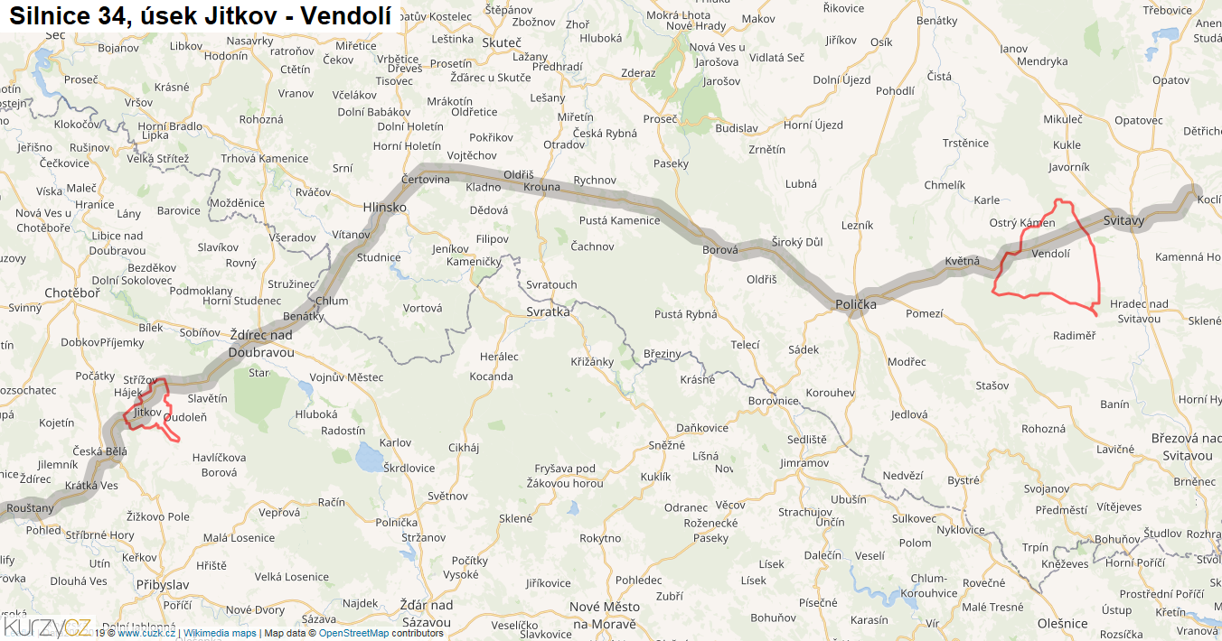 Úsek Jitkov - Vendolí, Silnice 34 - Mapa