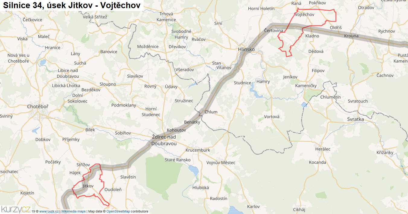 Úsek Jitkov - Vojtěchov, Silnice 34 - Mapa