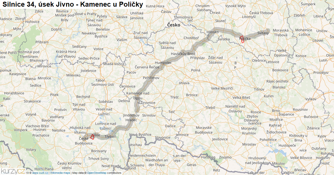 Úsek Jivno - Kamenec u Poličky, Silnice 34 - Mapa