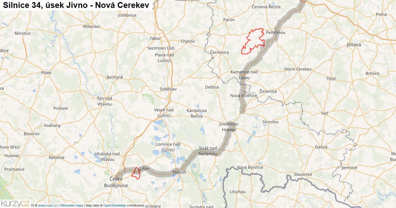 Úsek Jivno - Nová Cerekev, Silnice 34 - Mapa